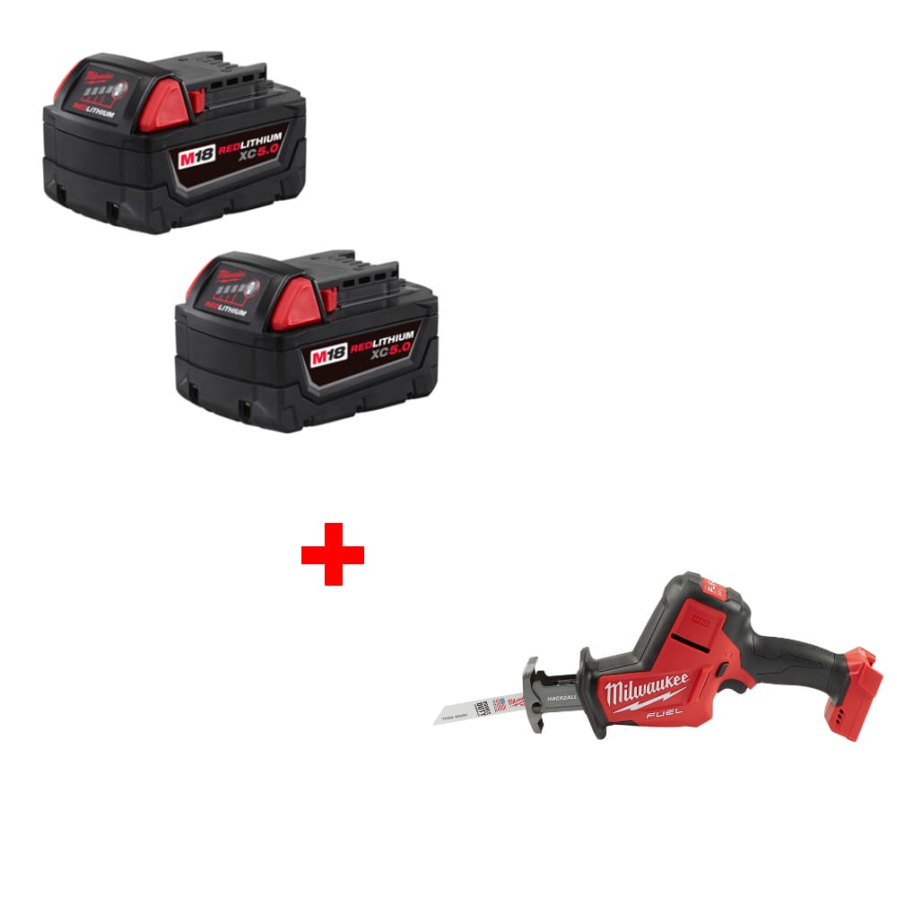 Milwaukee 48-11-1852 M18 XC5.0 Battery 2Pk w/ Free 2719-20 M18 FUEL Hackzall Bare Tool