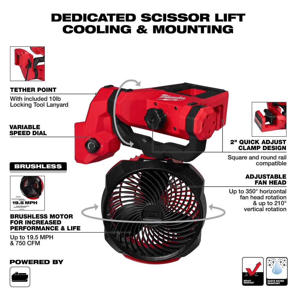Milwaukee 0817-20 M18 Brushless 7" Scissor Lift Fan with Quick Adjust Clamp - 4