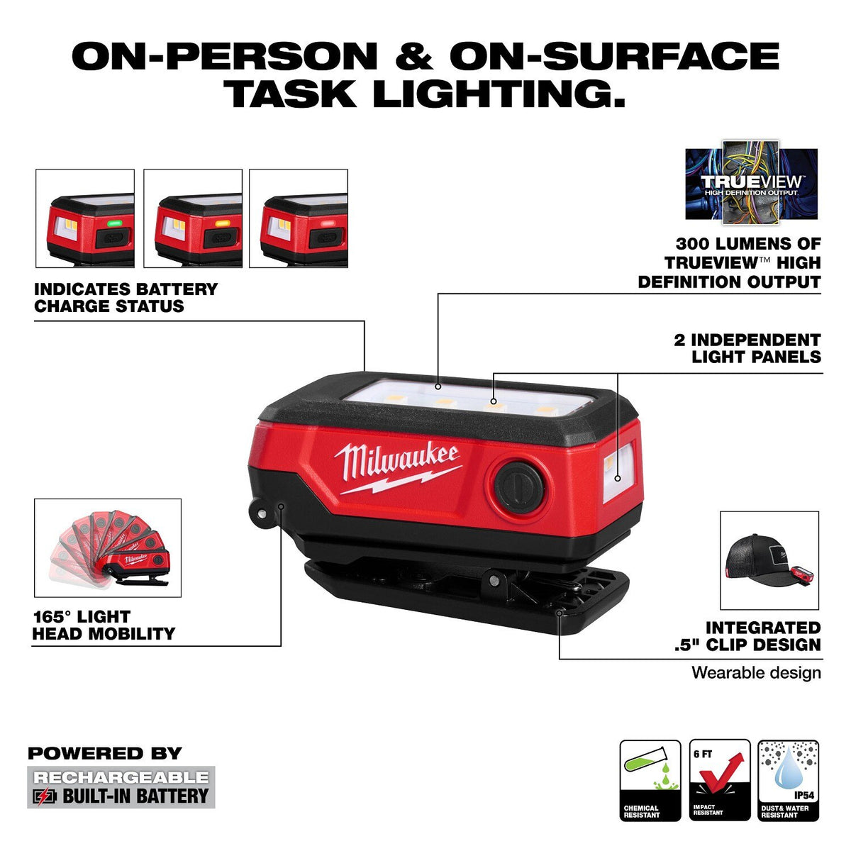 Milwaukee 2014R Rechargeable Clip Light 300 Lumens USB-C - 3
