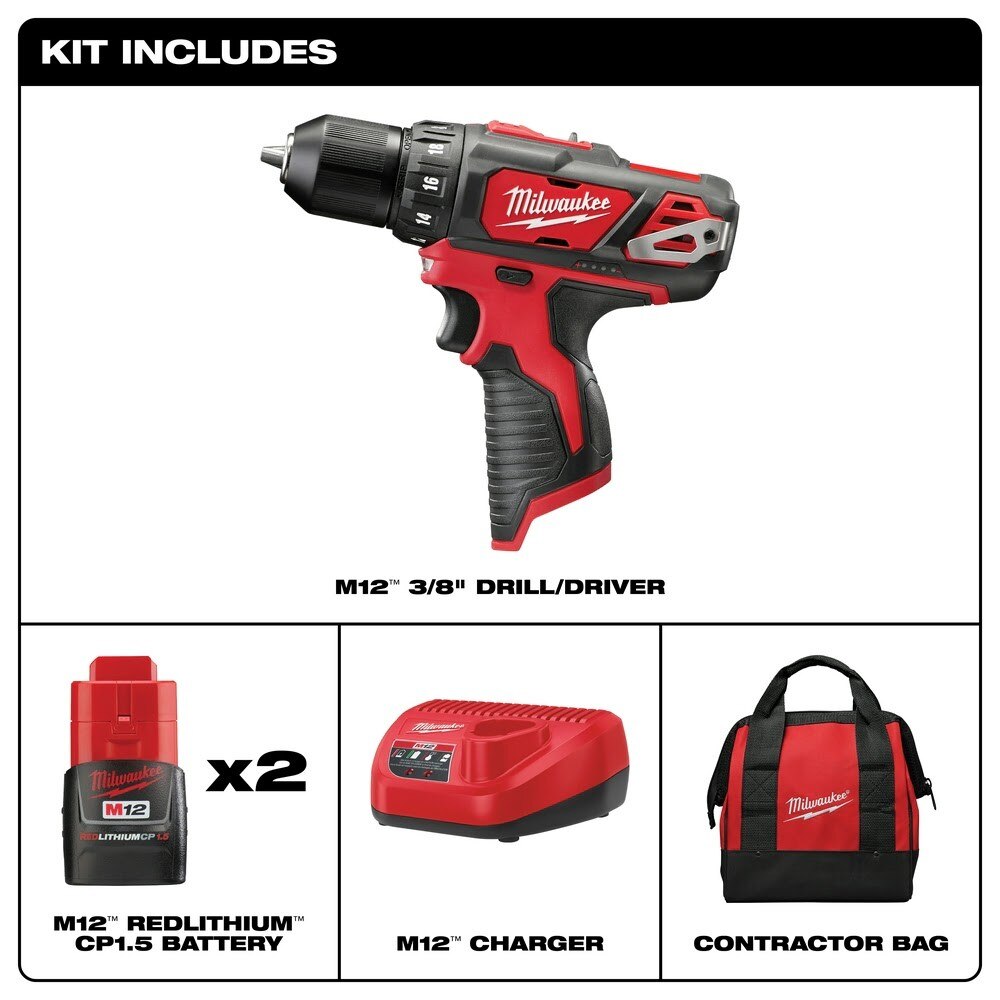 Milwaukee 2407-22 M12 3/8" Cordless Drill Driver Kit with Charger and Carrying Case (2 Batteries) - 2