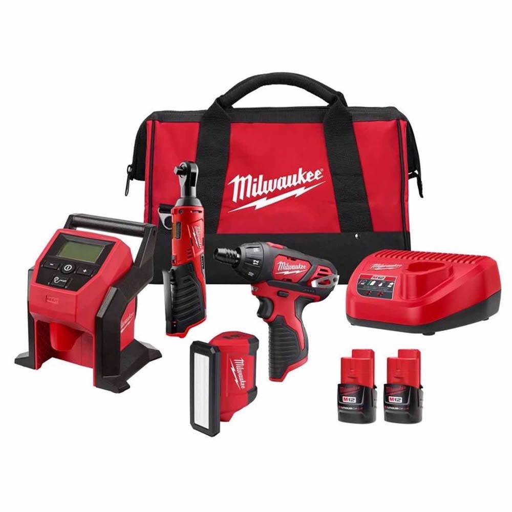 Milwaukee 2492-24 M12 12V Cordless 4-Tool Combo Kit with Screwdriver, Ratchet, Light and Inflator (Two 2.0Ah Batteries)