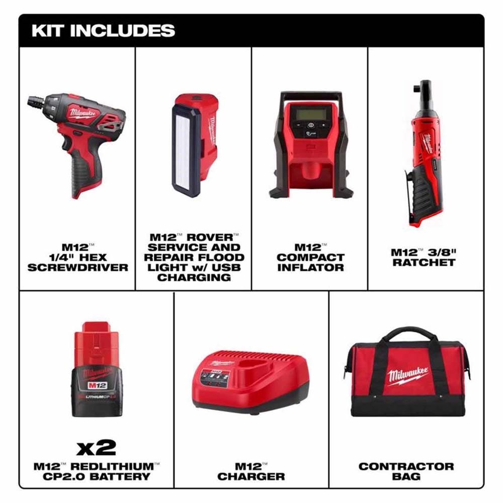 Milwaukee 2492-24 M12 12V Cordless 4-Tool Combo Kit with Screwdriver, Ratchet, Light and Inflator (Two 2.0Ah Batteries) - 2