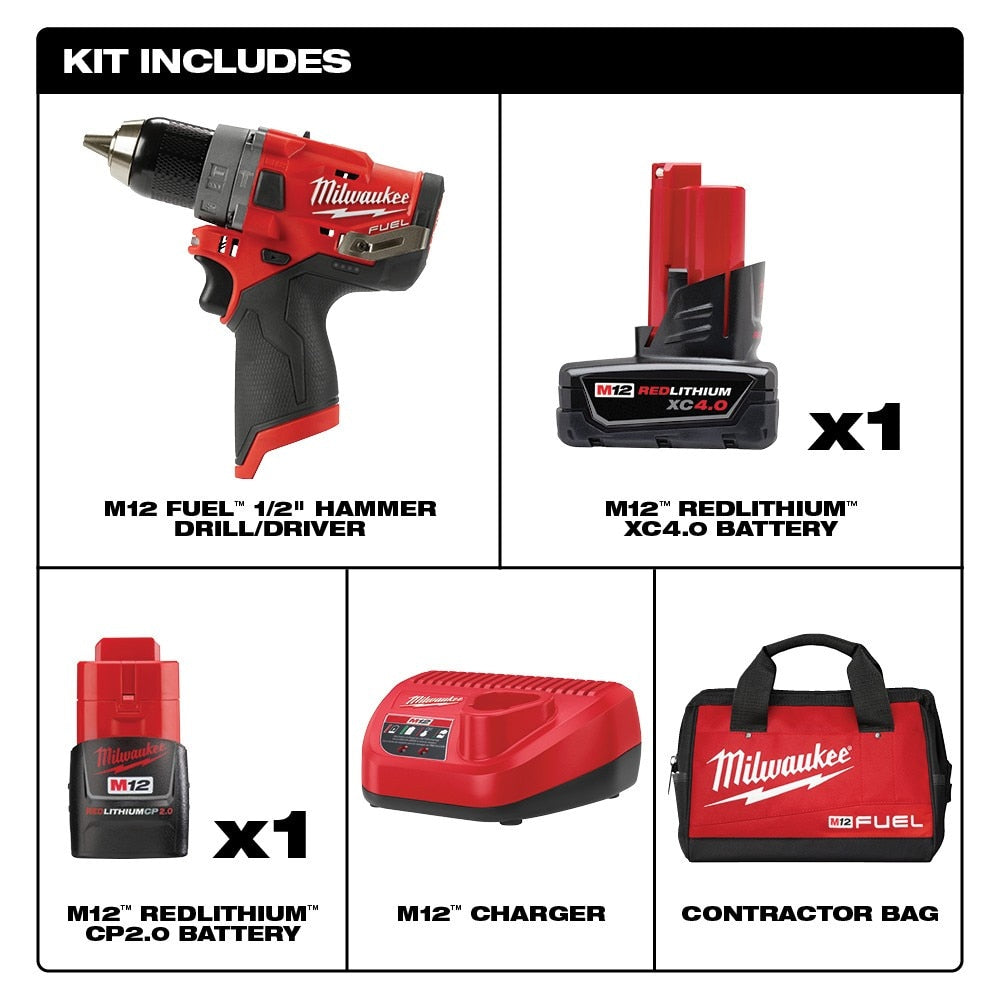 Milwaukee 2504-22 M12 FUEL 1/2" Hammer Drill Kit with Charger and Carrying Case (2 Batteries) - 2