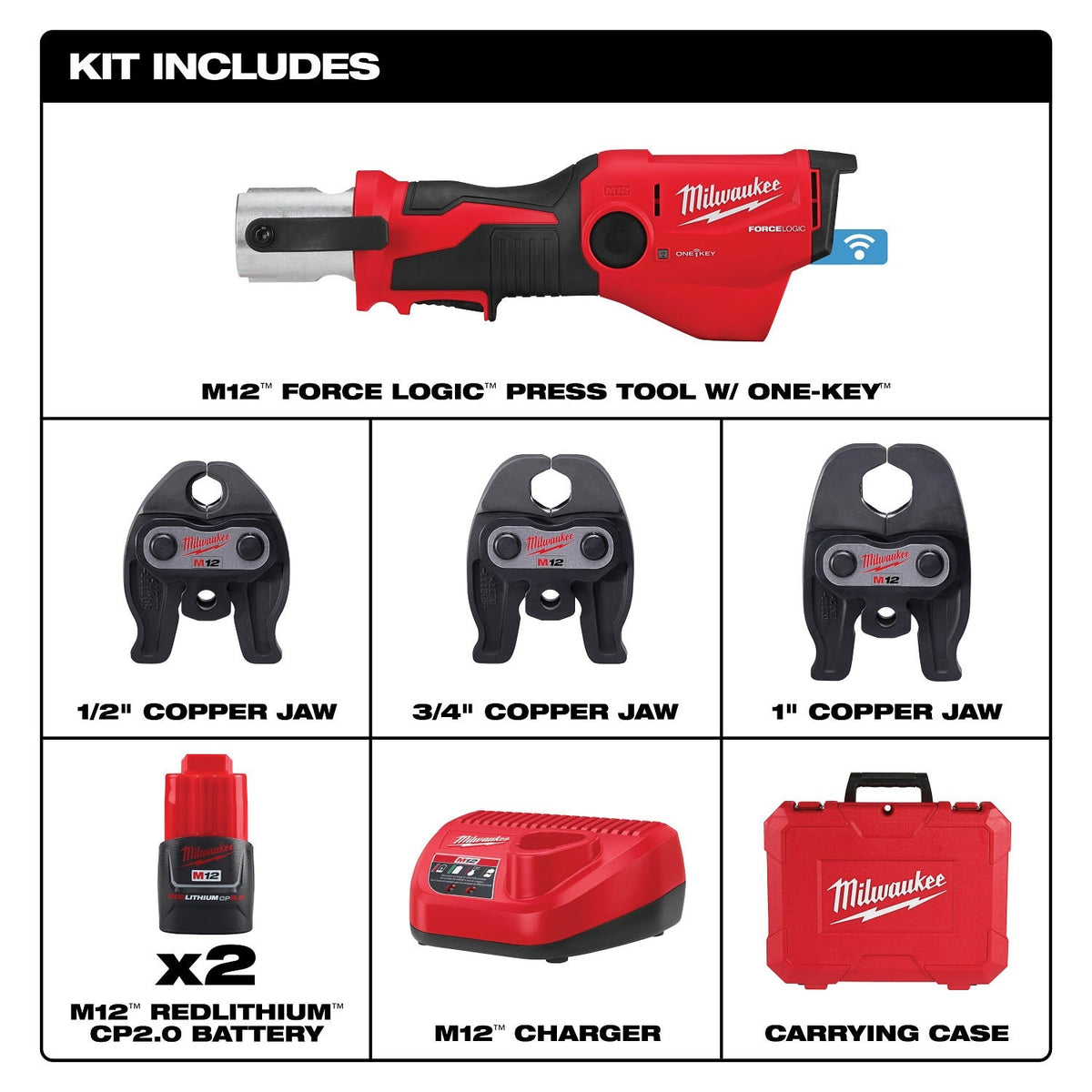 Milwaukee 2573-22 M12 FORCE LOGIC Press Tool Kit with ONE-KEY 1/2 in. to 1 in. CTS-V Jaws (2 Batteries) - 3