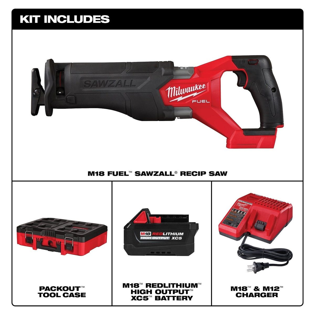 Milwaukee 2821-21HO M18 FUEL Sawzall Recip Saw PACKOUT Kit with 5 Ah Battery Charger and Tool Case - 2