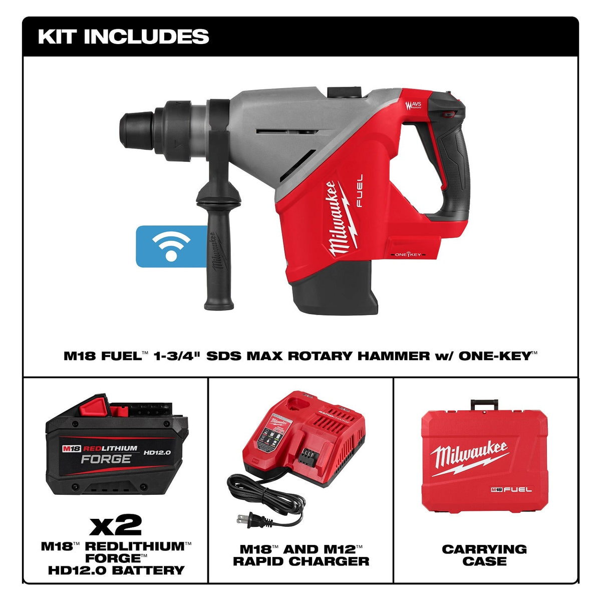 Milwaukee 2918-22HD M18 FUEL 1-3/4" SDS MAX Rotary Hammer Kit with ONE-KEY (2 Batteries, Charger) - 3