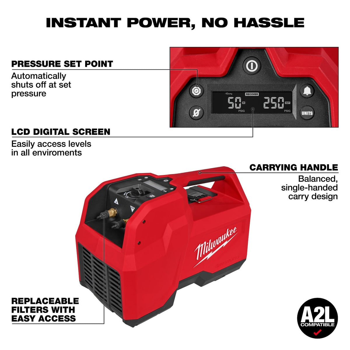 Milwaukee 2938-21 M18 Brushless Refrigerant Recovery Machine Kit with 12.0Ah Battery and Rapid Charger (2 Mesh Filter Screens) - 4