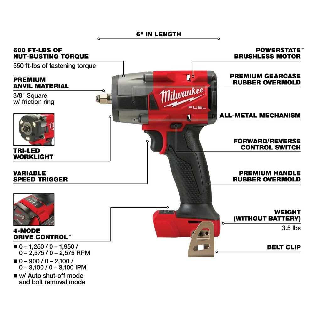 Milwaukee 2960-80 M18 FUEL 3/8" Mid-Torque Impact Wrench with Friction Ring Bare Tool Reconditioned - 4