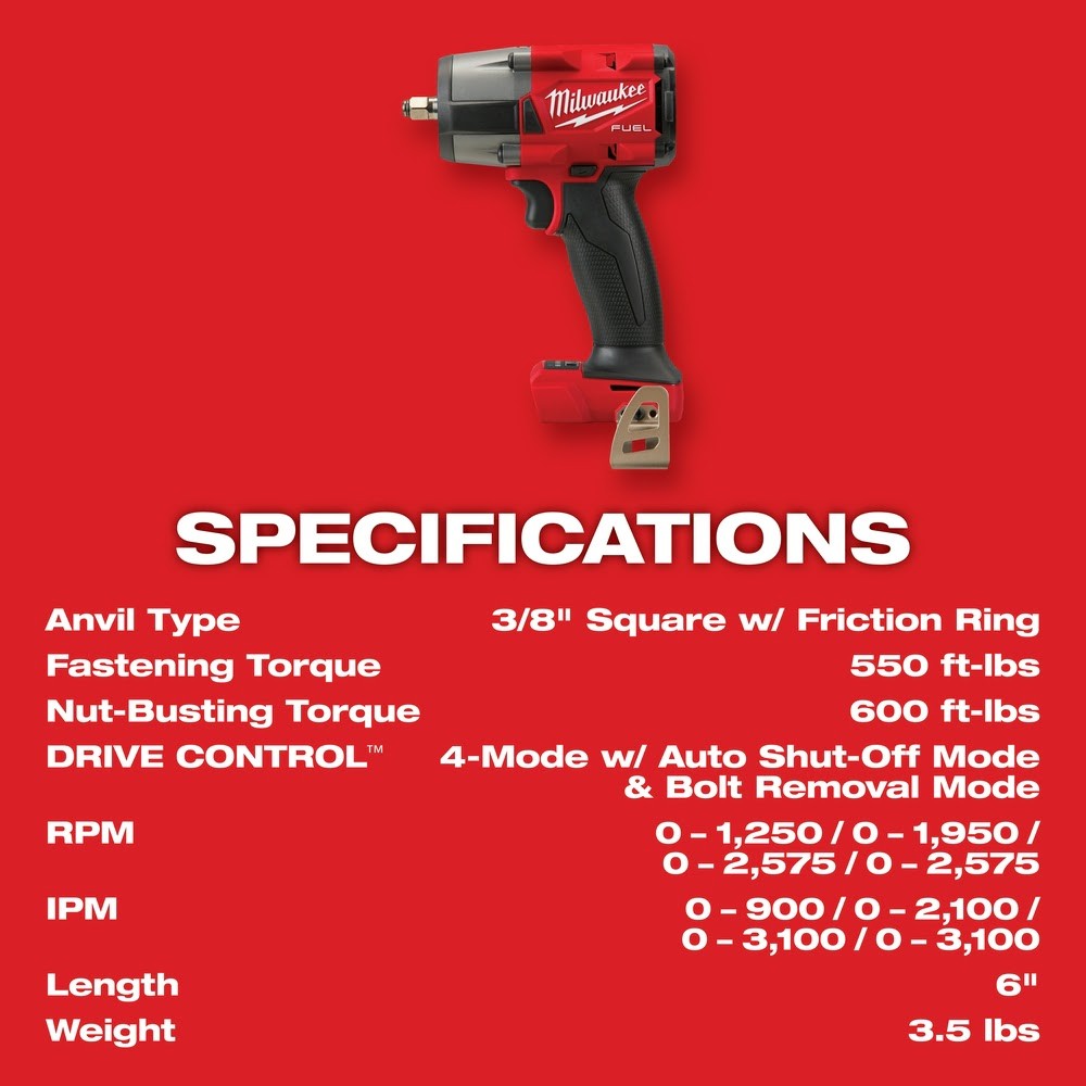 Milwaukee 2960-80 M18 FUEL 3/8" Mid-Torque Impact Wrench with Friction Ring Bare Tool Reconditioned - 8