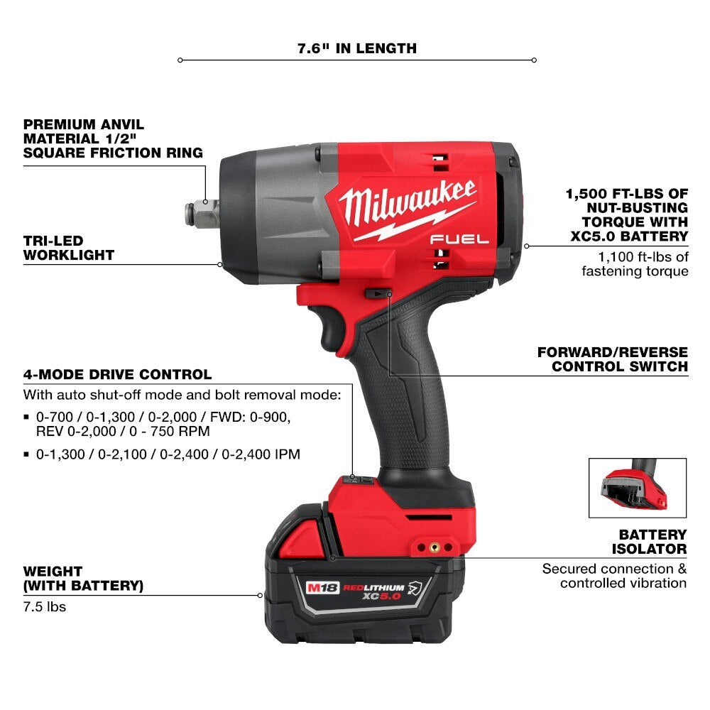 Milwaukee 2967-22 M18 FUEL 1/2" High Torque Impact wrench w/ Friction Ring Kit - 2