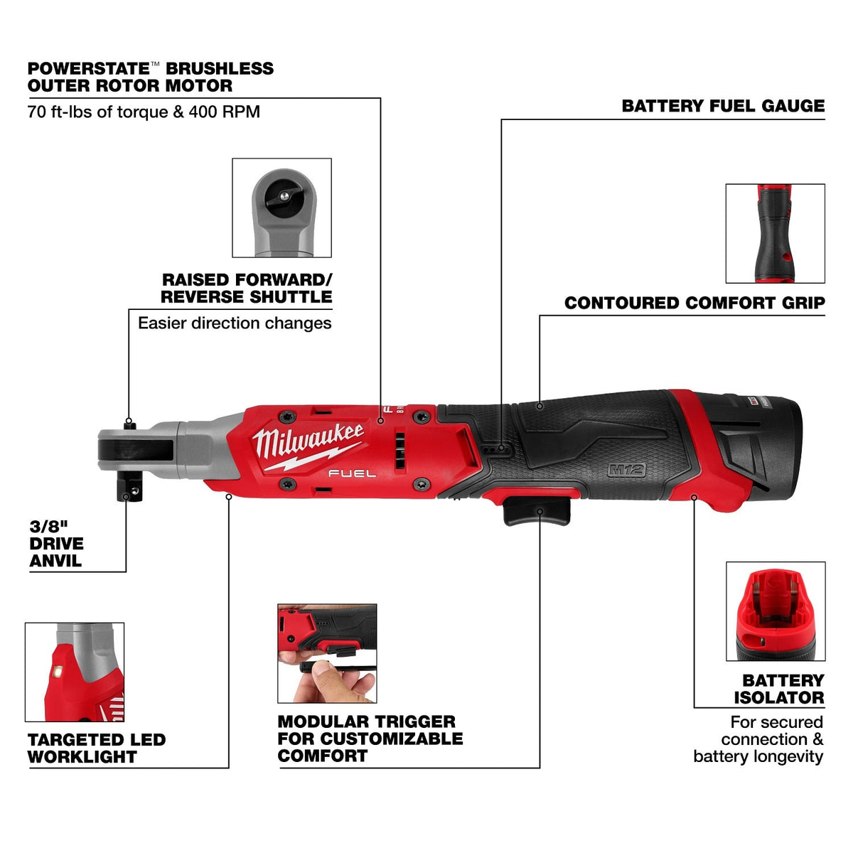 Milwaukee 3053-21 M12 FUEL 3/8 inch Cordless Ratchet Kit with Brushless Motor and 70 ft-lbs Torque (2.5Ah Battery) - 3