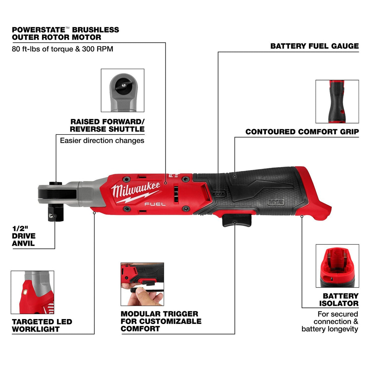 Milwaukee 3054-20 M12 FUEL 1/2 Inch Cordless Ratchet, 300 RPM, 80 ft-lbs, Compact Head (Bare Tool) - 3
