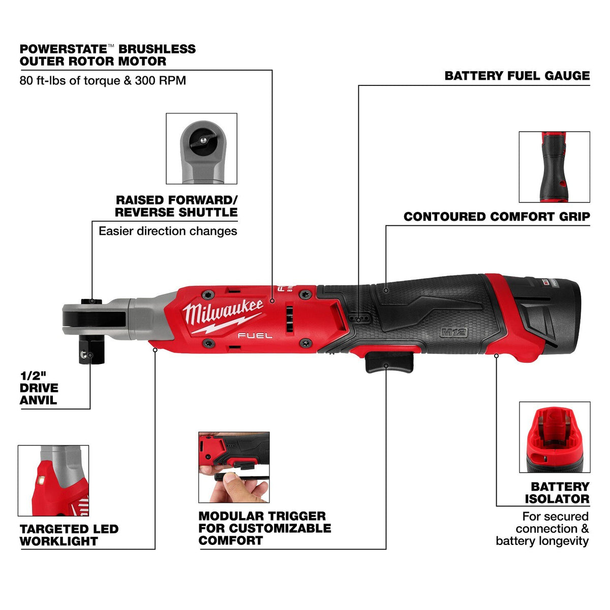 Milwaukee 3054-21 M12 FUEL 1/2 Inch Ratchet Kit with 80 ft-lbs torque and 300 RPM (2.5Ah Battery) - 3