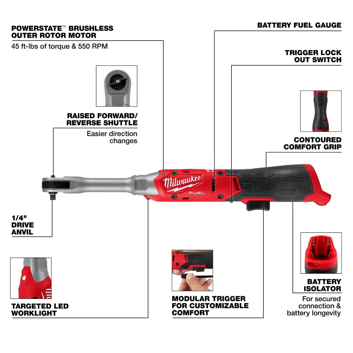 Milwaukee 3058-20 M12 FUEL 1/4" Extended Reach Cordless Ratchet Tool Only - 3
