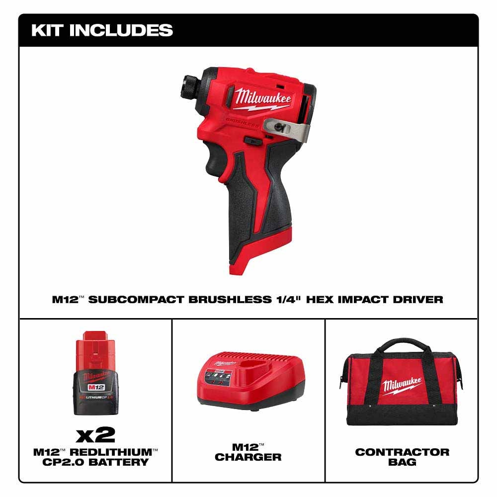 Milwaukee 3450-22 M12 Subcompact Brushless 1/4" Hex Impact Driver Kit - 3