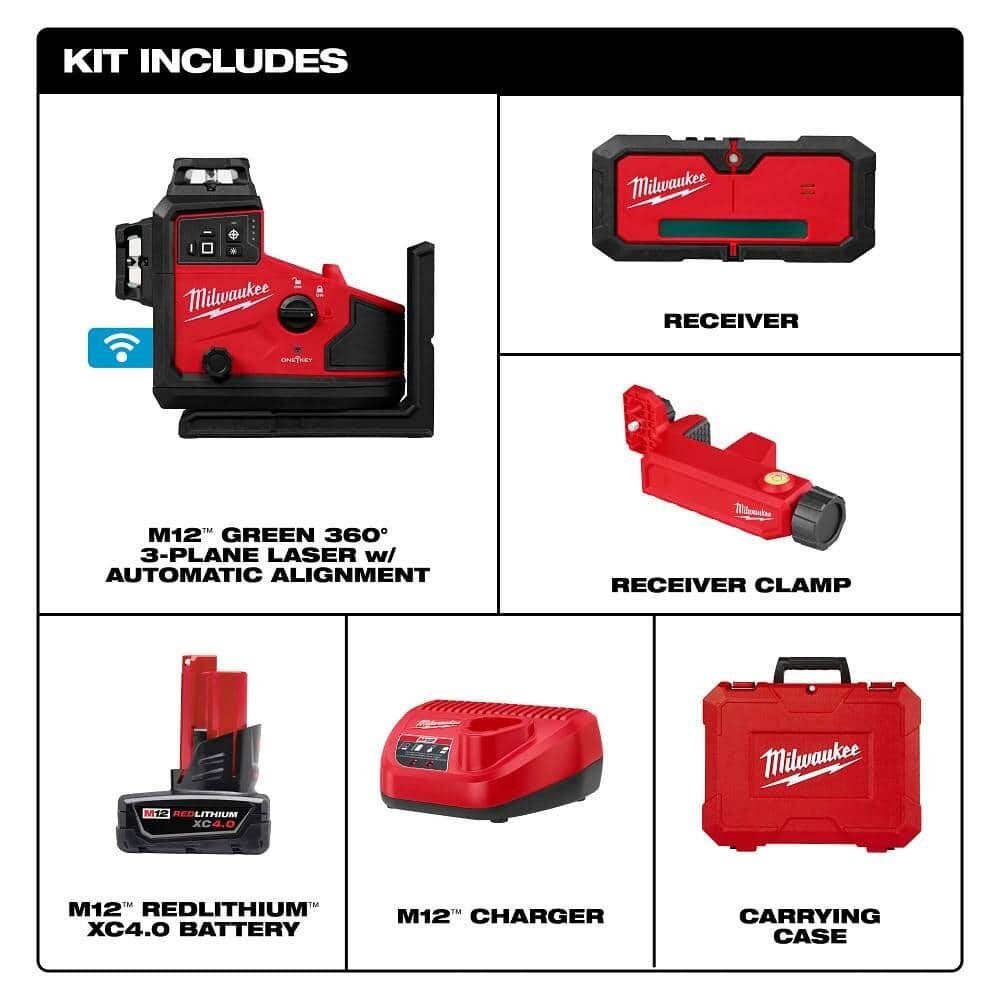 Milwaukee 3642-21 M12 Green 360 3-Plane Laser with Automatic Alignment and Receiver Kit (M12 XC4.0 Battery) - 3