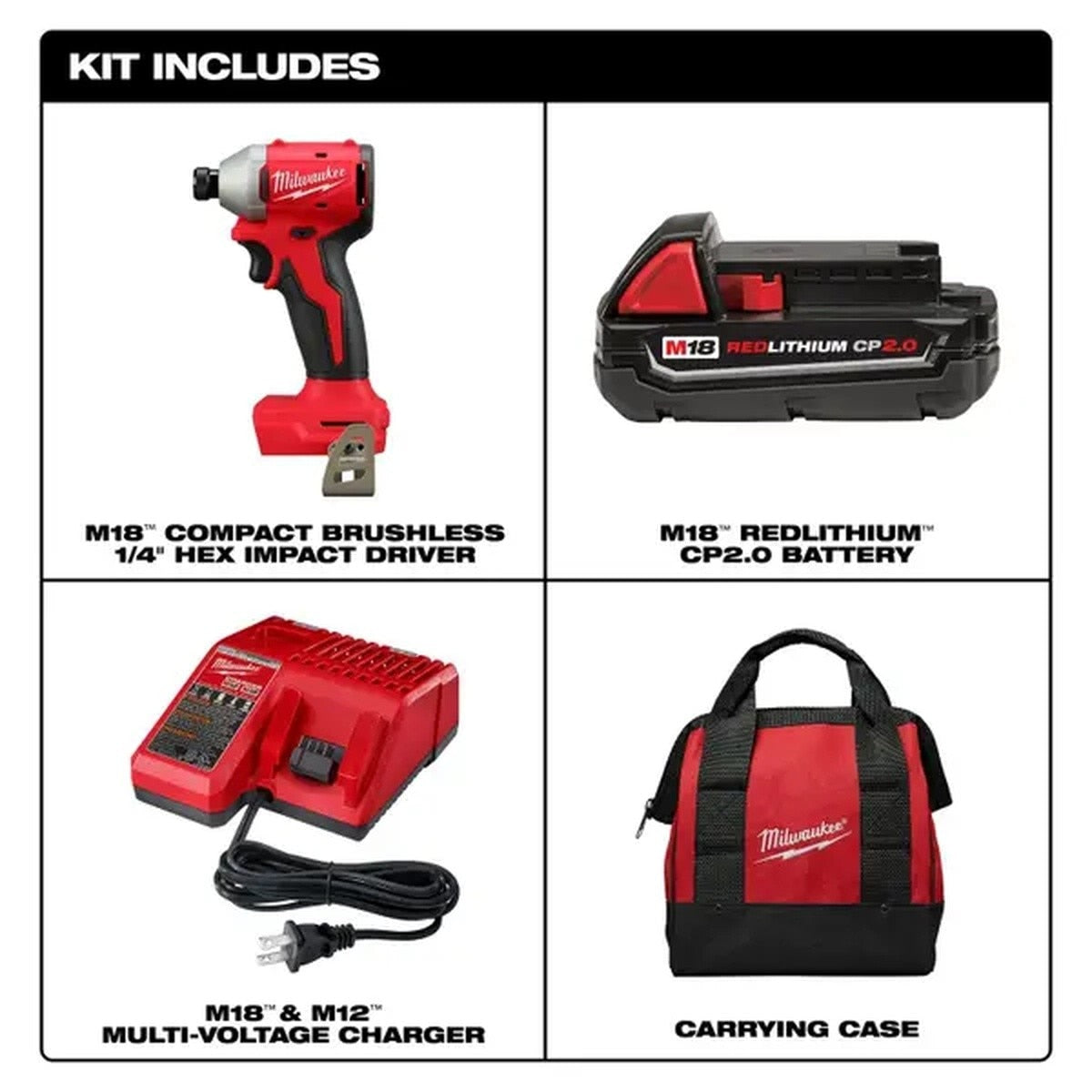 Milwaukee 3650-21CT M18 18V Compact Brushless 1/4" Hex Impact Driver Kit 4.4" L x 2.1" W (1 2.0Ah Battery, 1 Charger, 1 Contractor Bag) - 4