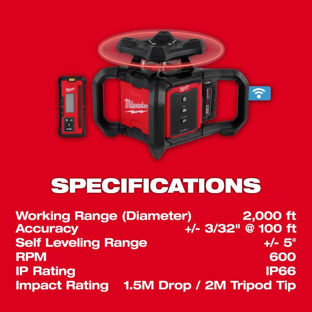 Milwaukee 3701-21 M18 Red Exterior Rotary Laser Level Kit w/ Receiver - 6