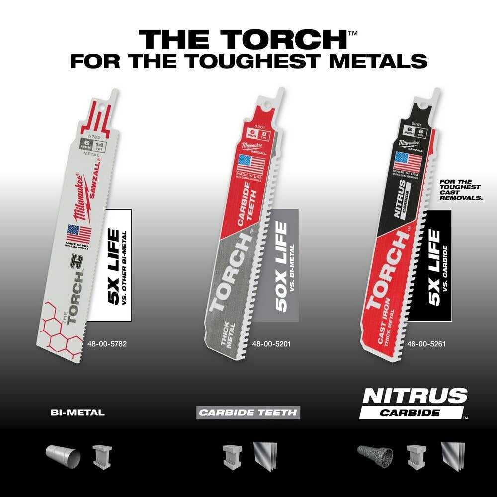 Milwaukee 48-00-5201 6" 8TPI Torch Metal Cutting Sawzall Blade with Carbide Teeth - 6
