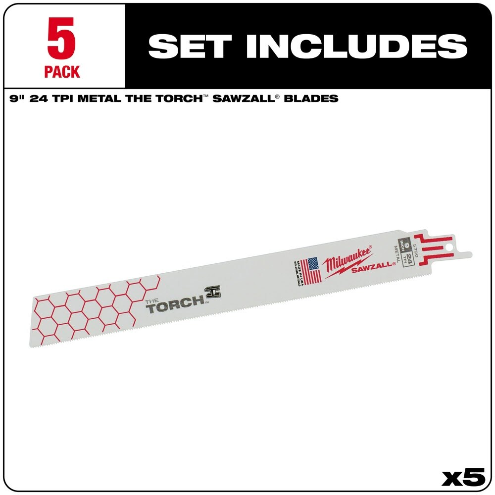 Milwaukee 48-00-5790 Super Sawzall Blade 24 Teeth per Inch 9-Inch Length, Torch, 5 Pack - 2