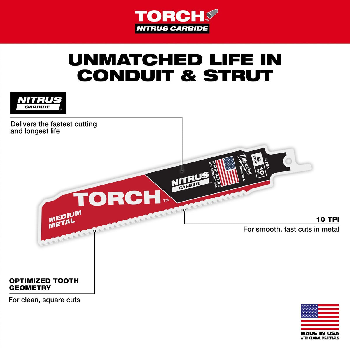 Milwaukee 48-00-6351  6" Reciprocating Saw Blade 10TPI The TORCH with NITRUS CARBIDE Teeth for Medium Metal 3PK  - 6