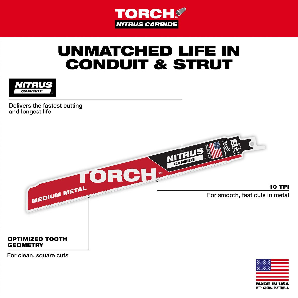 Milwaukee 48-00-6352  9" Reciprocating Saw Blade 10TPI The TORCH with NITRUS CARBIDE Teeth for Medium Metal 3PK  - 6