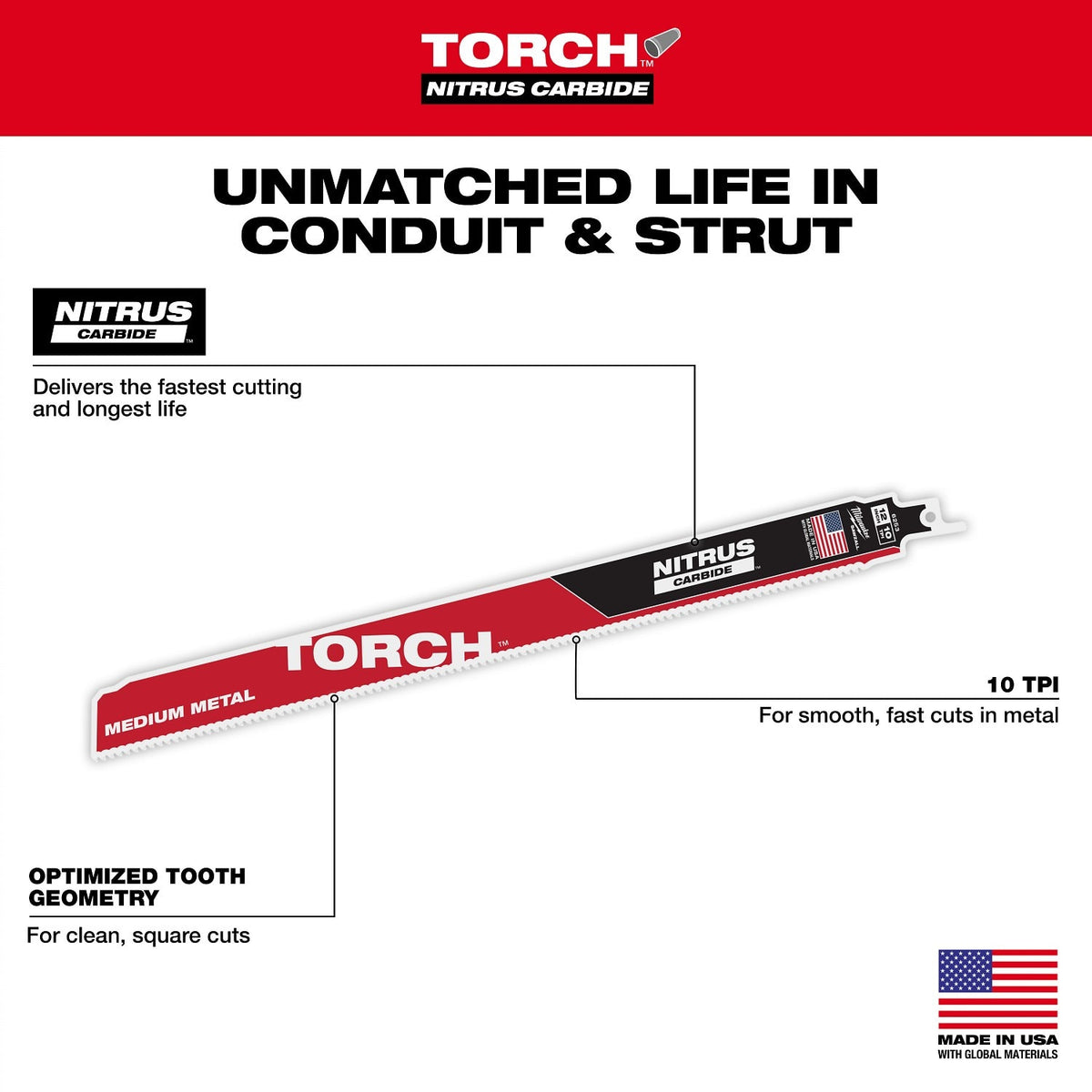 Milwaukee 48-00-6353  12" Reciprocating Saw Blade 10TPI The TORCH with NITRUS CARBIDE Teeth for Medium Metal 3PK  - 6