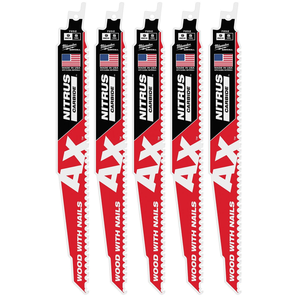 Milwaukee 48-00-7552 9" 5 TPI NITRUS Carbide SAWZALL Blade for Wood with Nails (5 Pack)