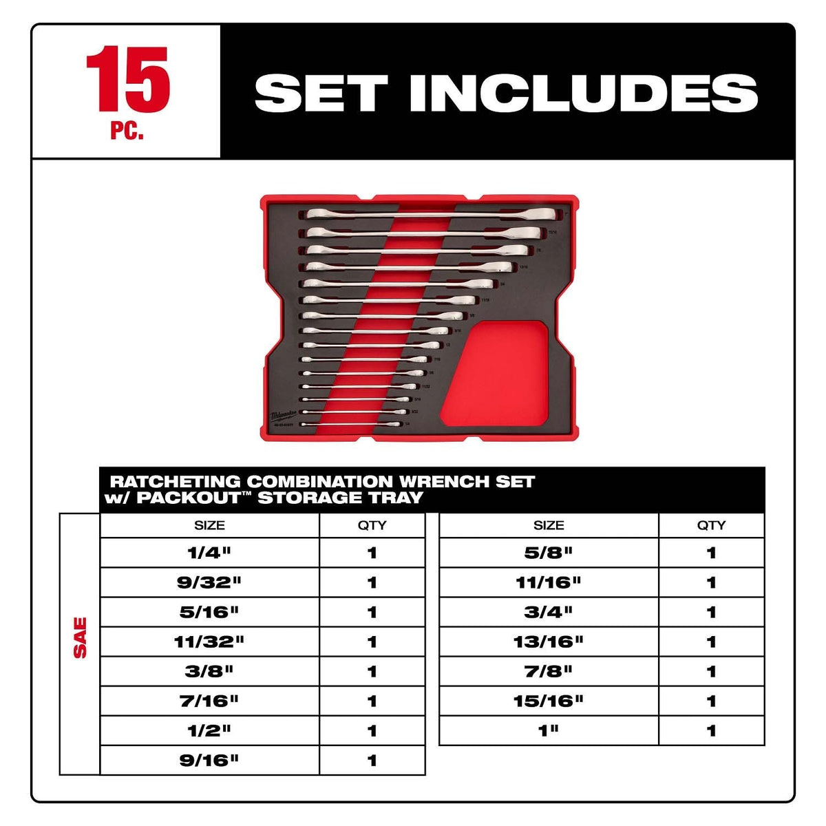 Milwaukee 48-22-0157 15pc. SAE Ratcheting Combination Wrench Set with Tray for PACKOUT Drawers - 3