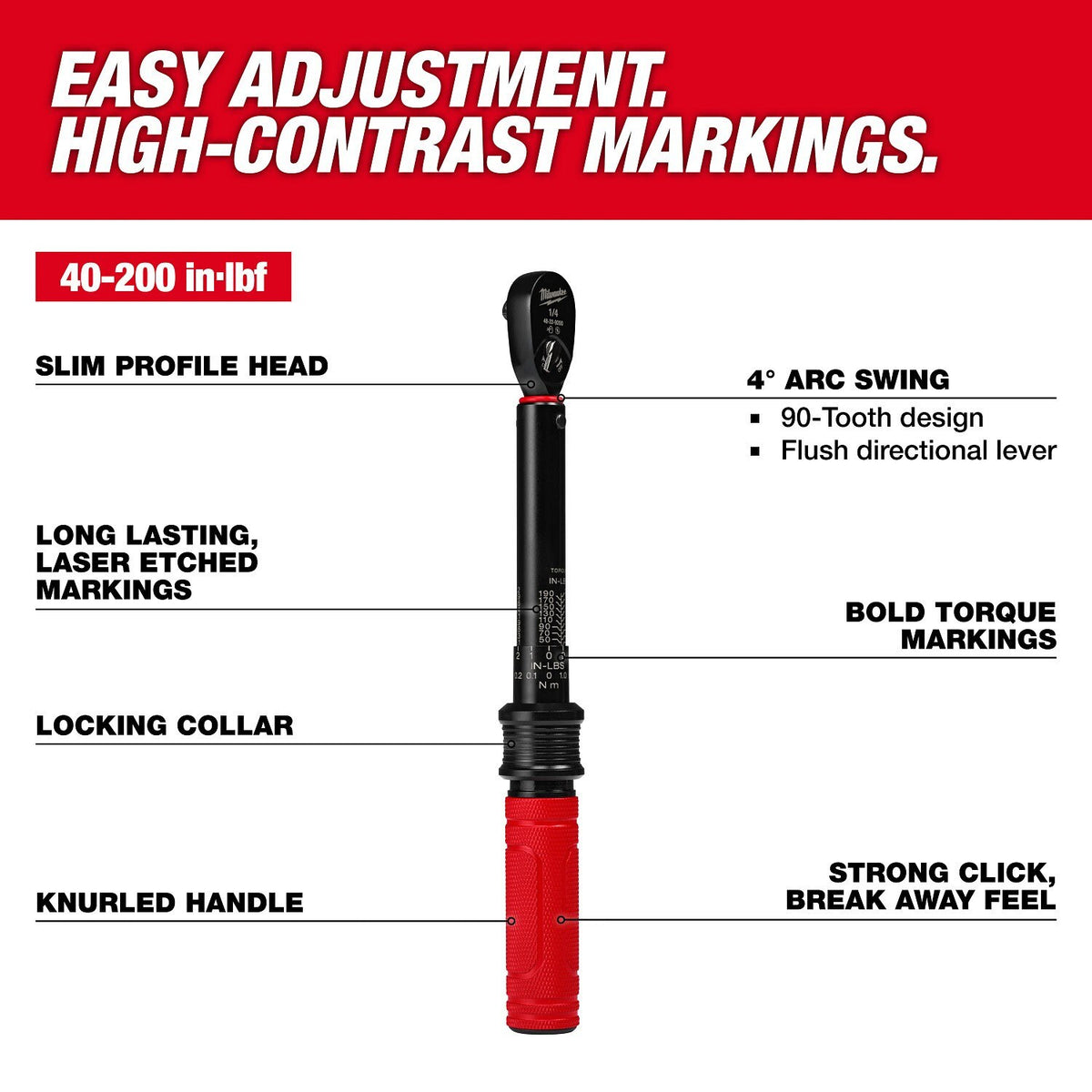 Milwaukee 48-22-9200 1/4 Inch Drive Click Torque Wrench (40-200 in-lbf) - 2