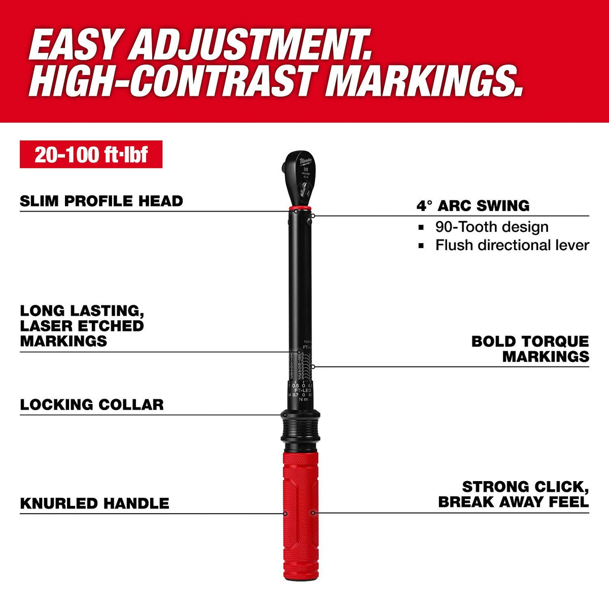 Milwaukee 48-22-9202 3/8 in. Drive Click Torque Wrench 20-100 ft-lbf ±3% Accuracy - 2