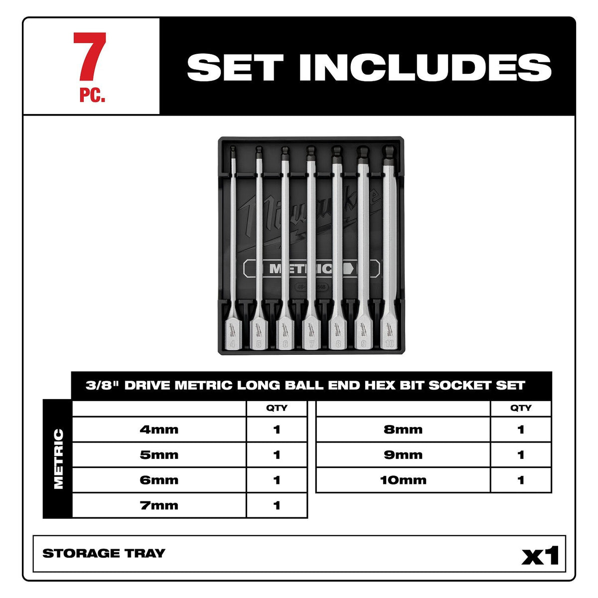 Milwaukee 48-22-9548 3/8 in. Drive Metric Long Ball End Hex Bit Socket Set, 6 in. Long Reach (7 Piece) - 2