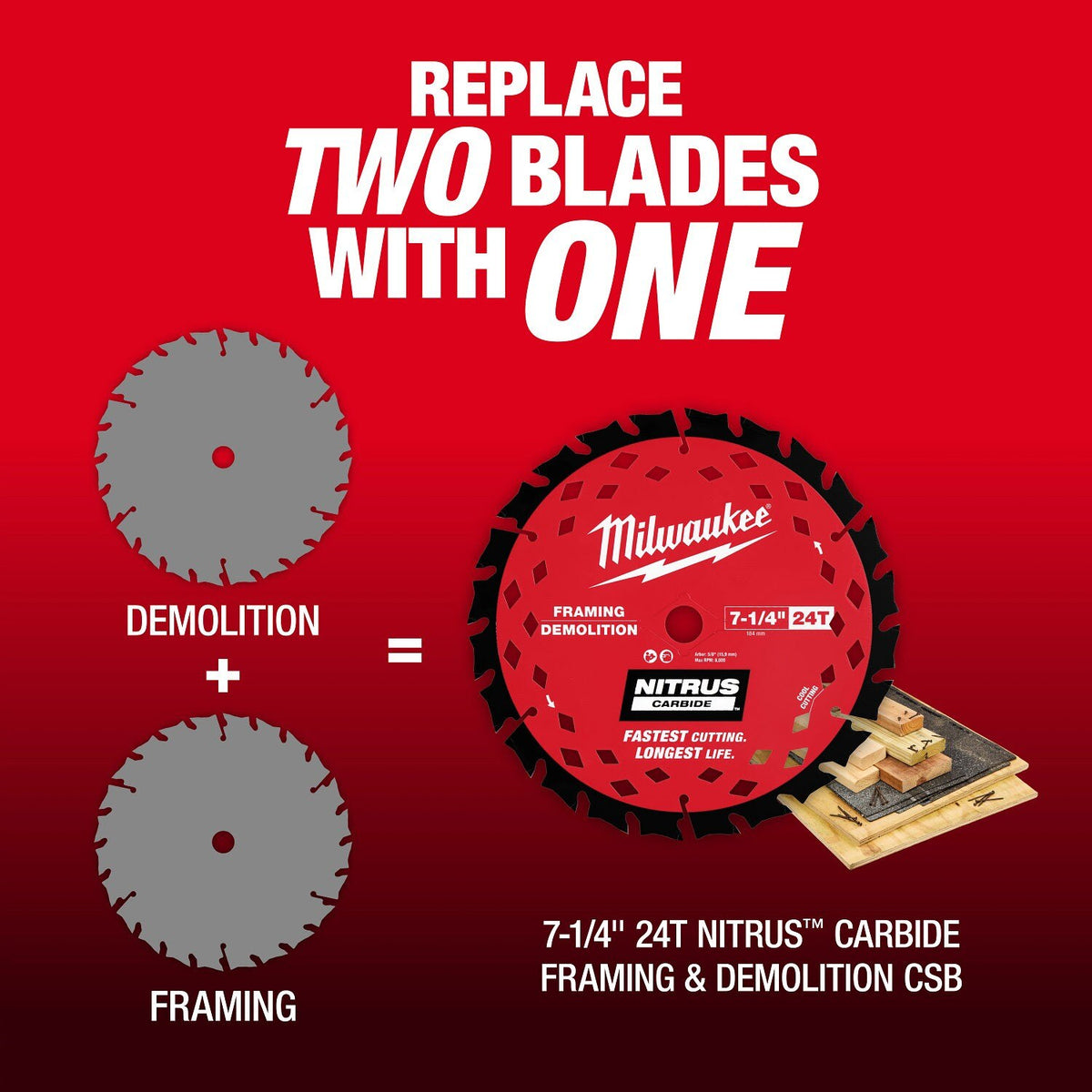 Milwaukee 48-40-0753 7-1/4" 24T NITRUS Carbide Framing & Demolition Circular Saw Blade 3 Pack - 7