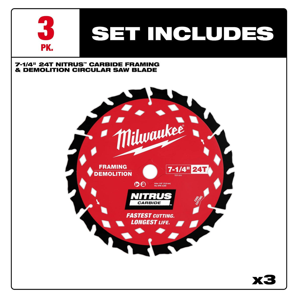 Milwaukee 48-40-0753 7-1/4" 24T NITRUS Carbide Framing & Demolition Circular Saw Blade 3 Pack - 9
