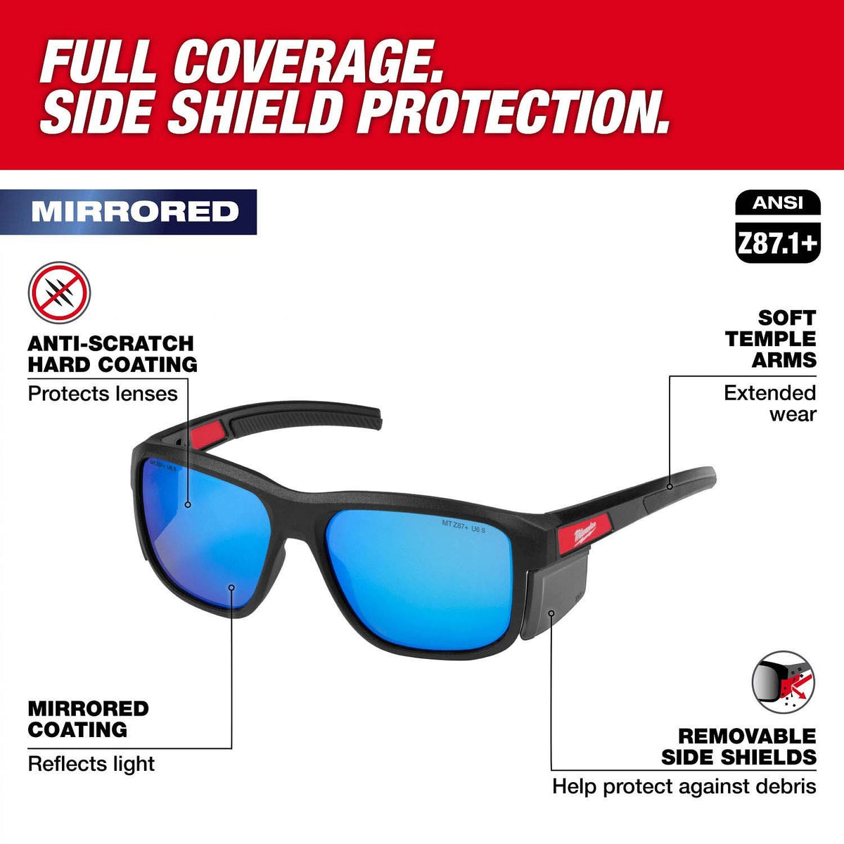 Milwaukee 48-73-2510 Full Frame Safety Glasses with Removable Side Shields Blue Mirrored Anti-Scratch Lenses - 2