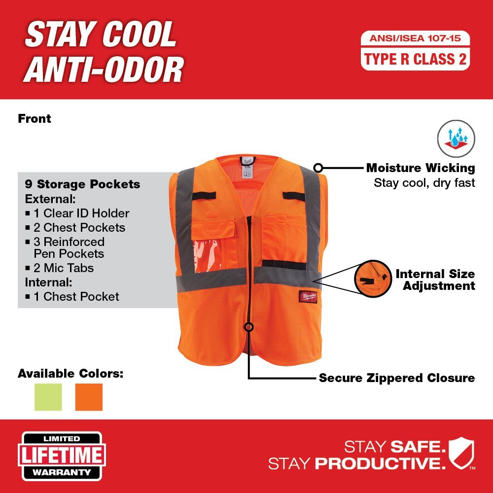 Milwaukee 48-73-5116 Class 2 High Visibility Orange Mesh Safety Vest - L/XL - 8