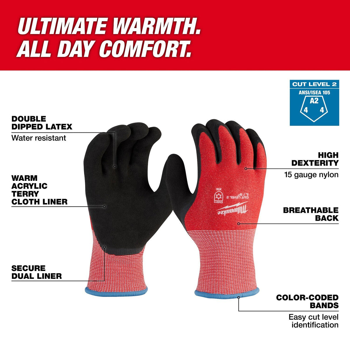 Milwaukee 48-73-7922E Cut Level 2 Winter Dipped Gloves - Large (12 Pack) - 2
