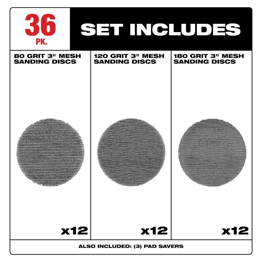 Milwaukee 48-80-6406 3" Assorted 80, 120, 180 Grit Mesh Sanding Discs with POWERGRID Tear Resistant Mesh - 36 pk + 3 Pad Savers - 2