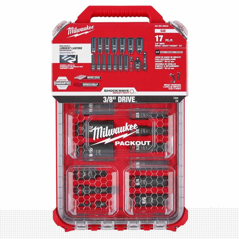 Milwaukee 49-66-6800 Showckwave Impact Duty Socket 3/8" Drive 17-Piece SAE Packout Set - 2