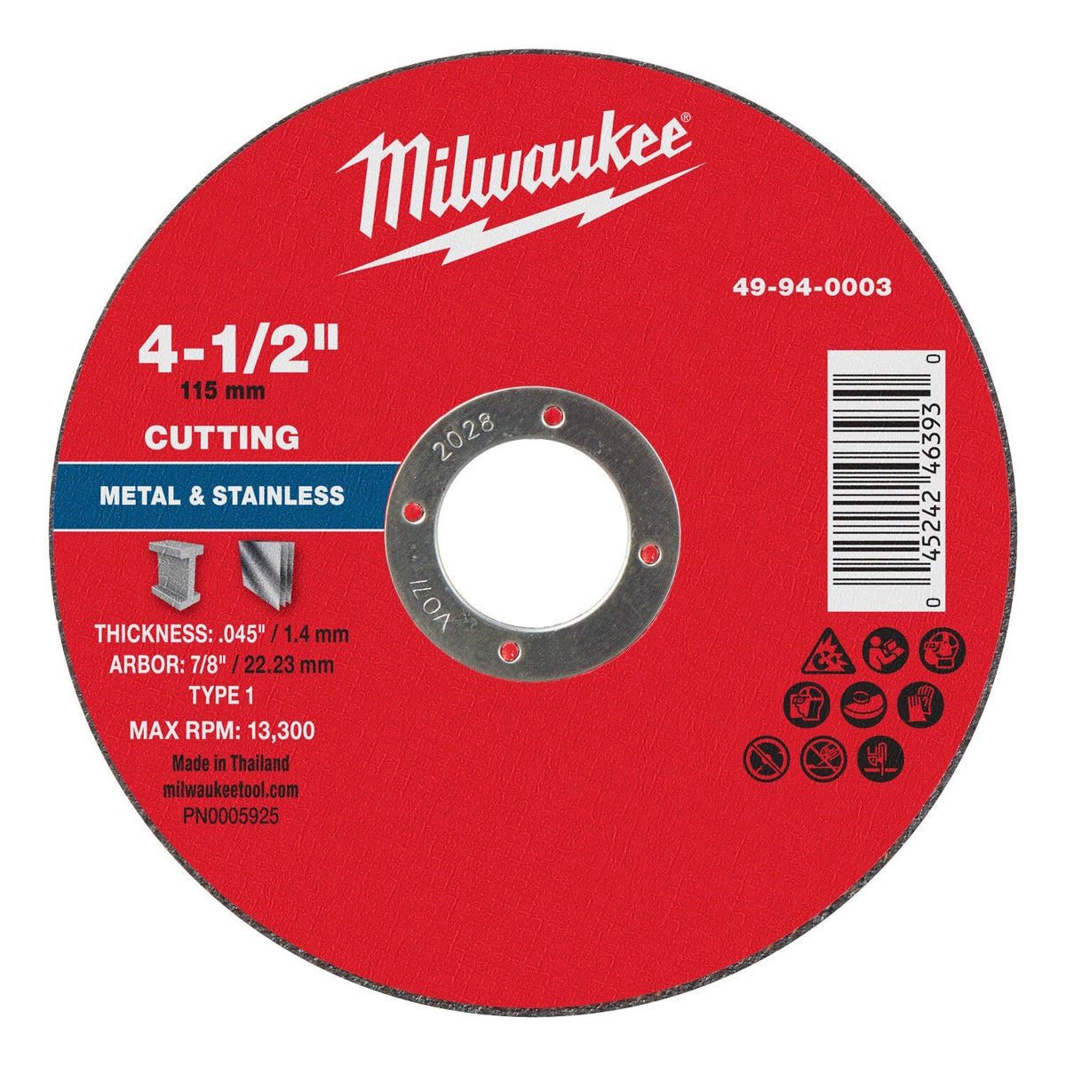 Milwaukee 49-94-0003 4-1/2 in. x 0.045 in. x 7/8 in. Type 1 Metal Cut Off Wheel (25 Pack)