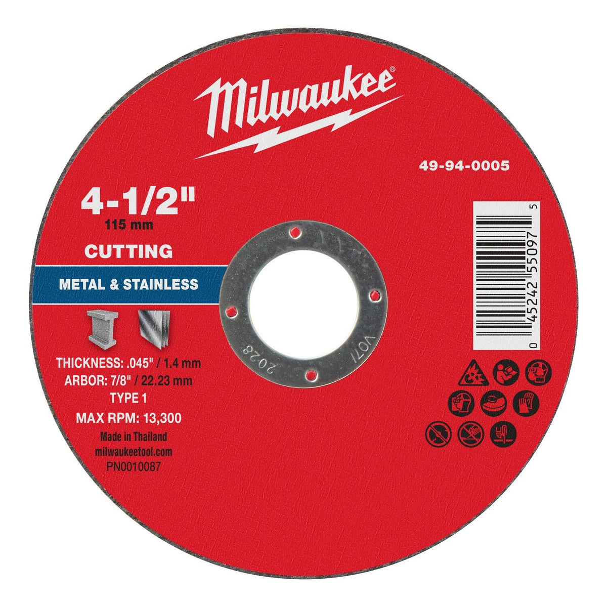Milwaukee 49-94-0005 4.5 in. x 0.045 in. x 0.875 in. Metal Cut Off Wheel Type 1 (100 Pack)