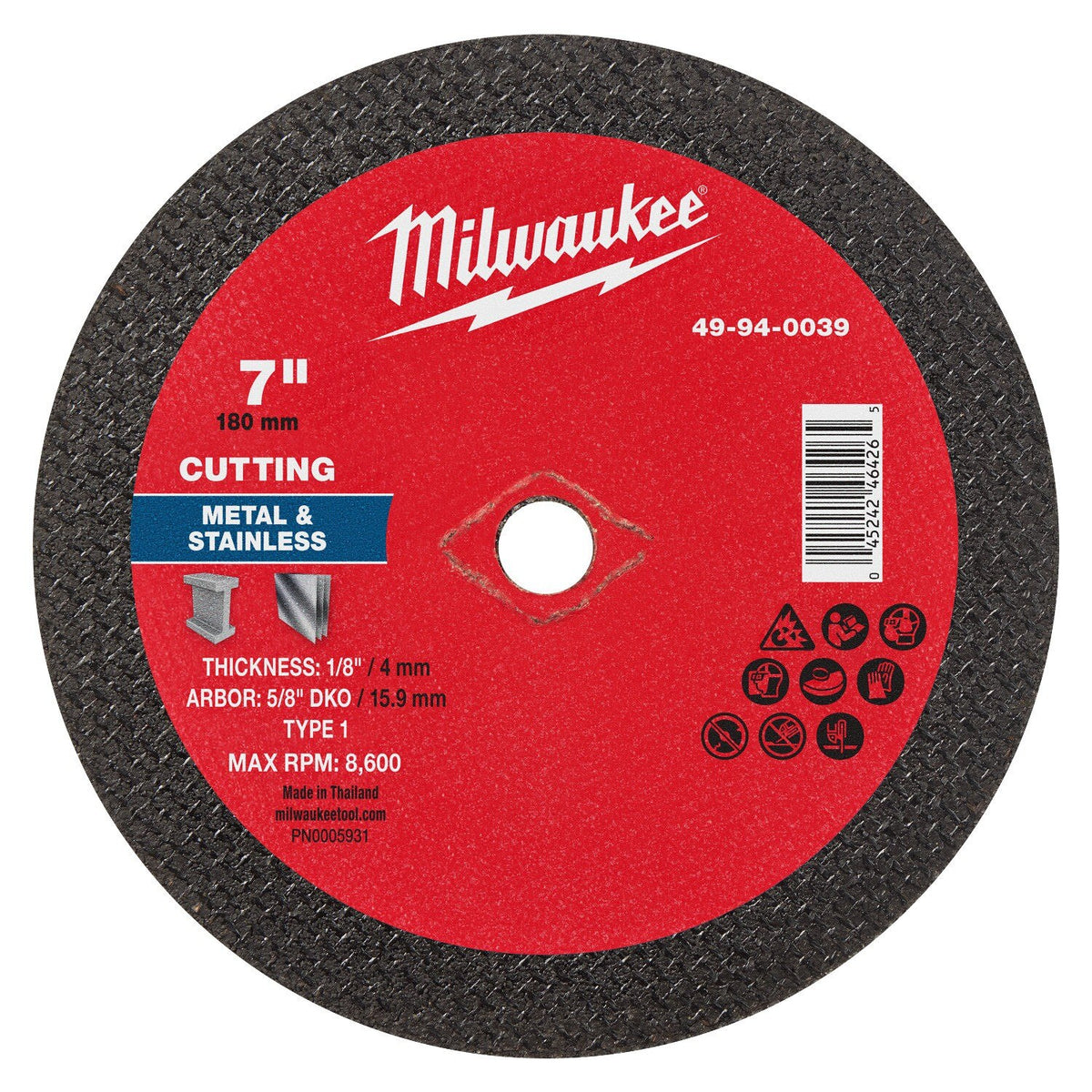 Milwaukee 49-94-0039 7 in x 1/8 in x 5/8 in DKO Metal Cut Off Wheel Type 1 (10 Pack)