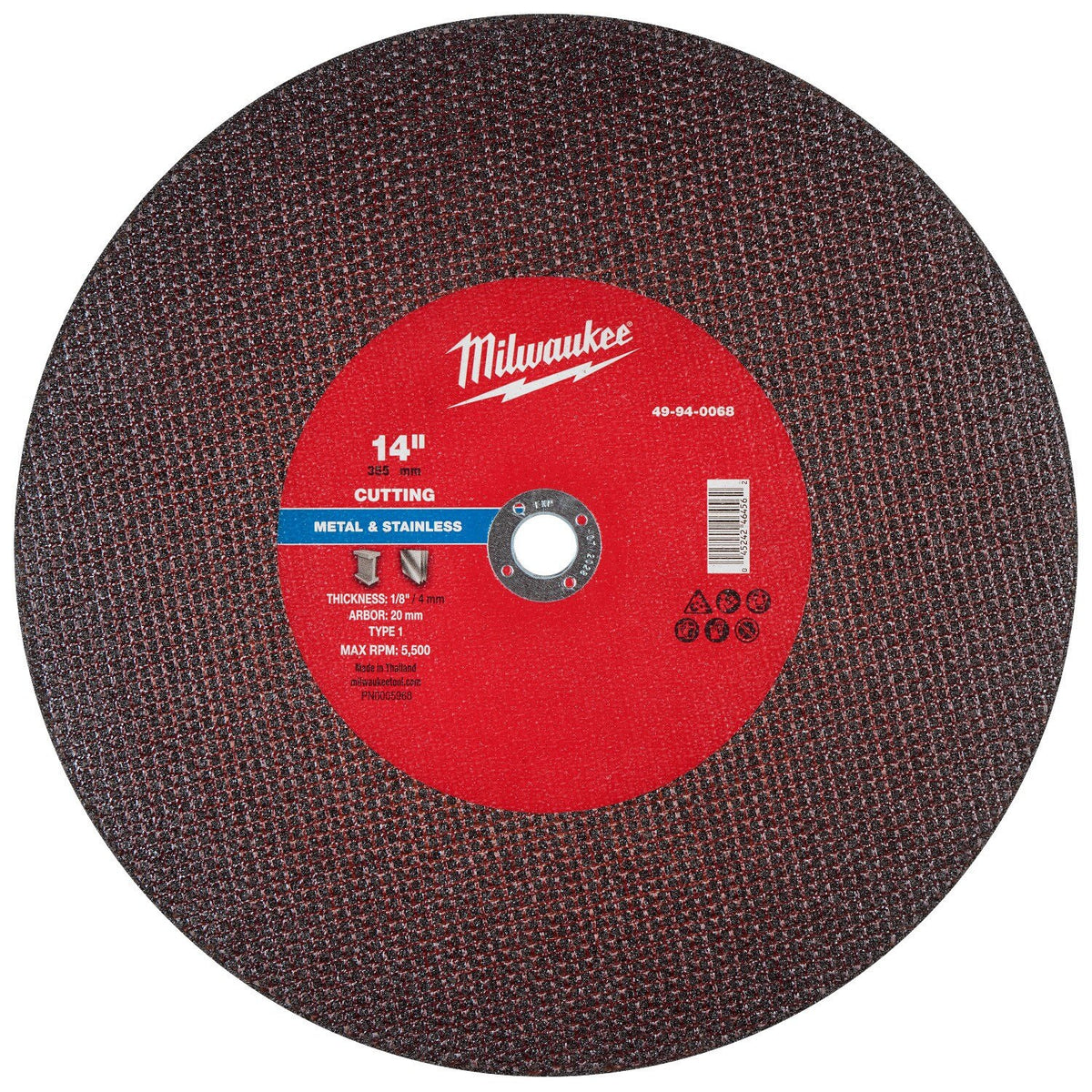 Milwaukee 49-94-0068 14 in x 1/8 in x 20 mm Type 1 Metal Cut Off Wheel for Metal and Stainless Steel (10 Pack)