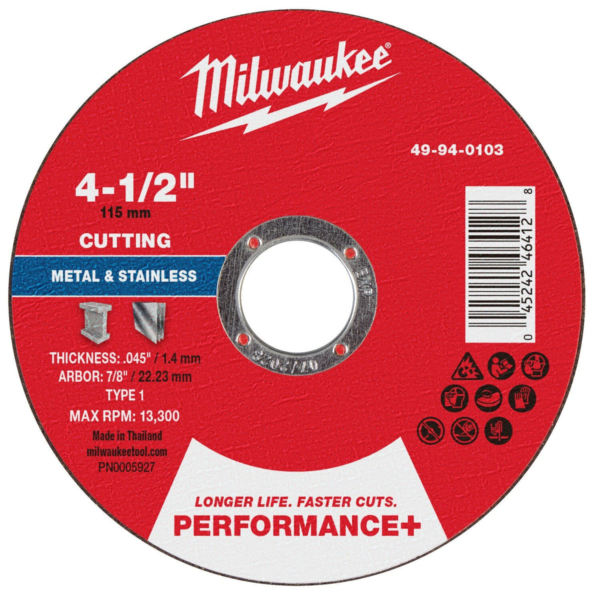 Milwaukee 49-94-0103 4-1/2 in. x 0.045 in. x 7/8 in. Performance+ Metal Cut Off Wheel Type 1 (25 Pack)