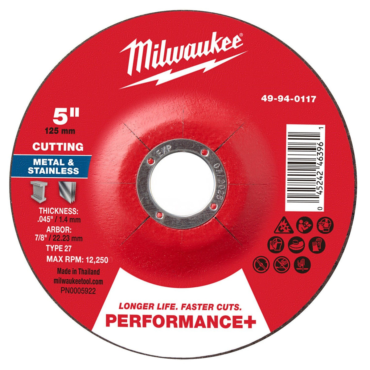 Milwaukee 49-94-0117 5 in. x 0.045 in. x 7/8 in. Performance+ Metal Cut-Off Wheel Type 27 (25 Pack)