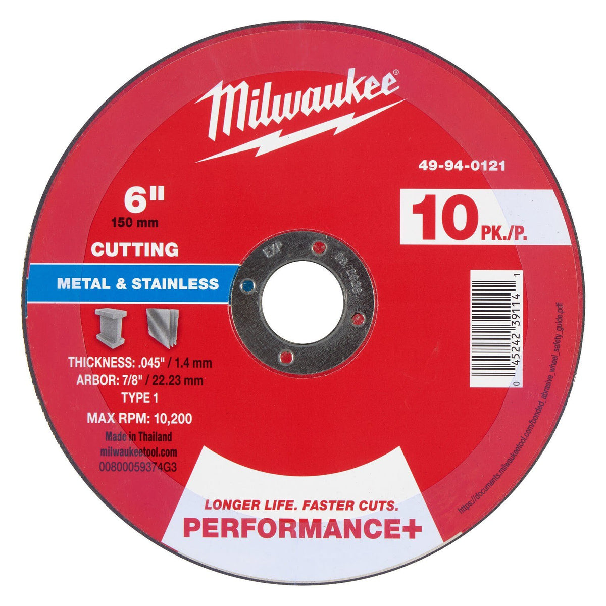 Milwaukee 49-94-0121 6 in. x 0.045 in. x 7/8 in. Performance+ Metal Cut Off Wheel Type 1 (10 Pack)