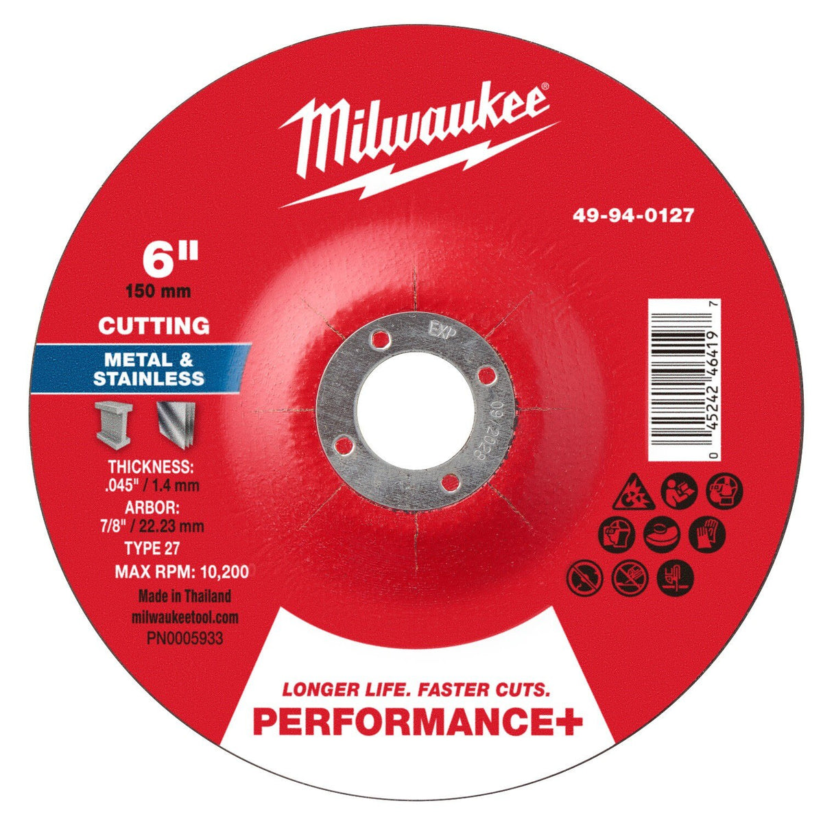 Milwaukee 49-94-0127 6 in. x 0.045 in. x 7/8 in. Performance Plus Metal Cut Off Wheel Type 27 (25 Pack)