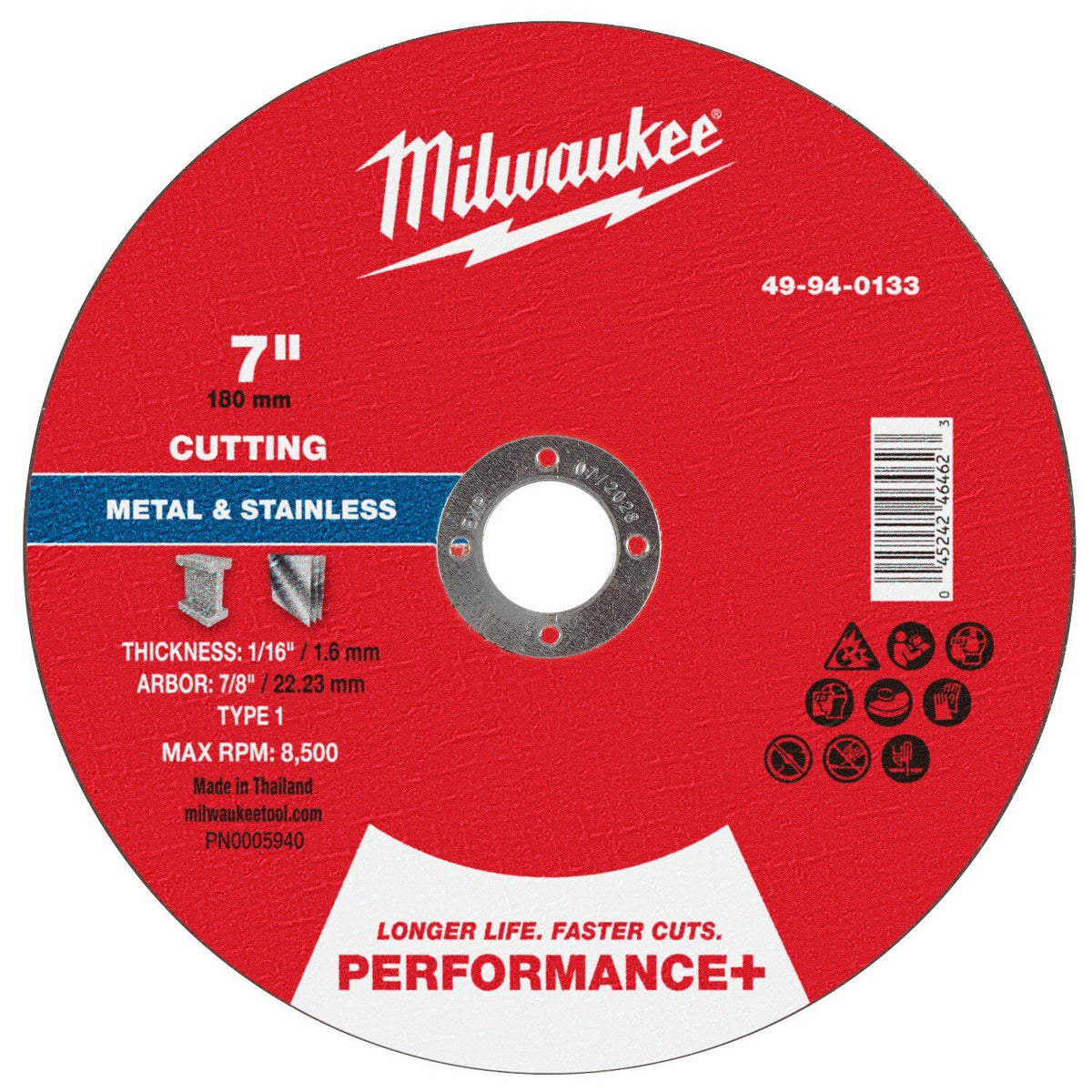 Milwaukee 49-94-0133 7 in. x 1/16 in. x 7/8 in. Performance Plus Metal Cut Off Wheel Type 1 for Metal and Stainless Steel (25 Pack)