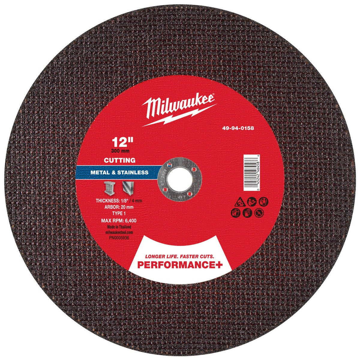 Milwaukee 49-94-0158 12 in. x 1/8 in. x 20mm Performance Plus Metal Cut Off Wheel Type 1 (10 Pack)