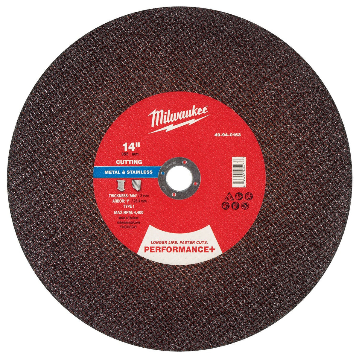 Milwaukee 49-94-0163 14 in. x 7/64 in. x 1 in. Performance+ Metal Cut Off Wheel Type 1 (10 Pack)